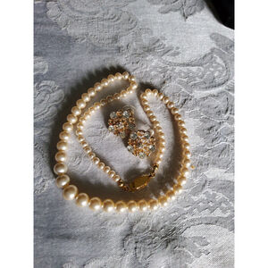 necklace and earrings set, 16" faux pearls, glass, crystals, hearts